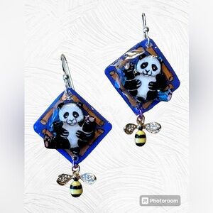 Handpainted Panda Bear earrings w honey bee charm lightweight 3D Chinese animals